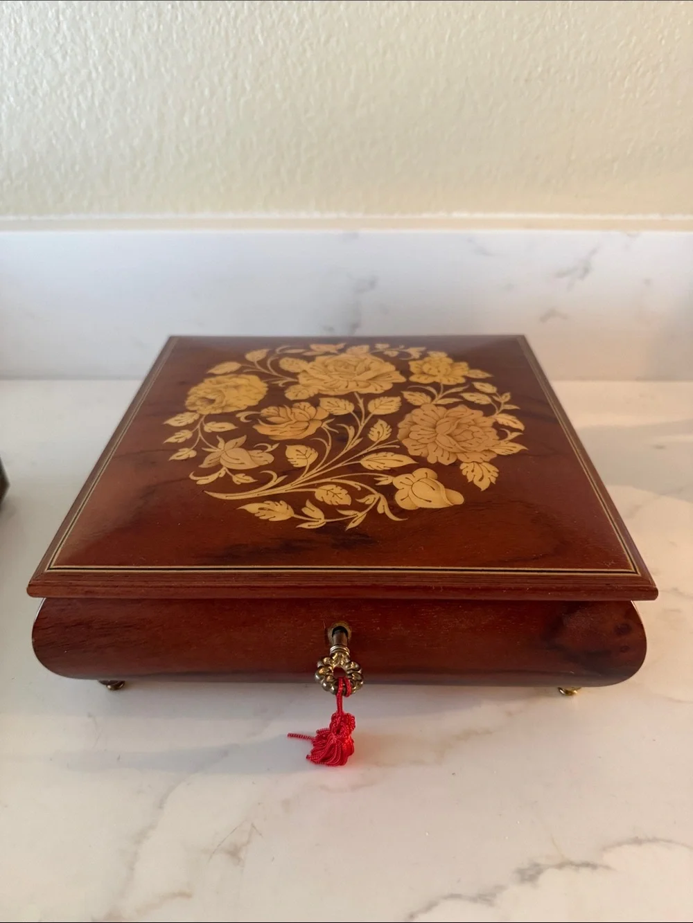 Vintage Italian Wooden Music Box with Floral Inlay